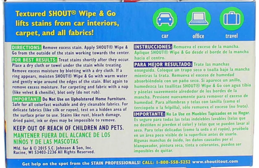 Shout Wipe & Go Instant Stain Remover Wipes