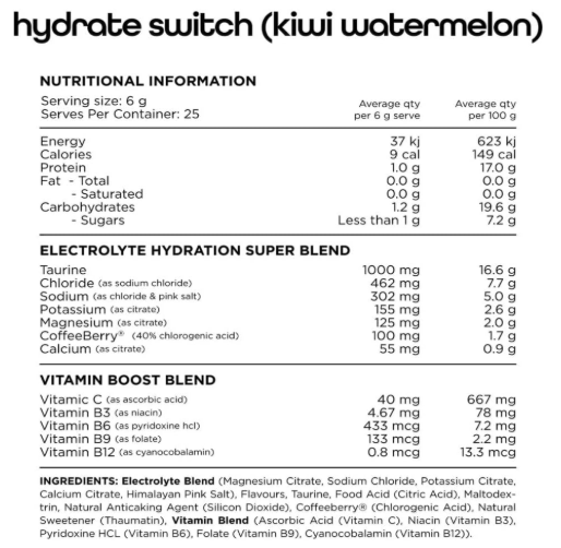 Switch Nutrition Hydrate Electrolyte 25 Serves Kiwi Watermelon